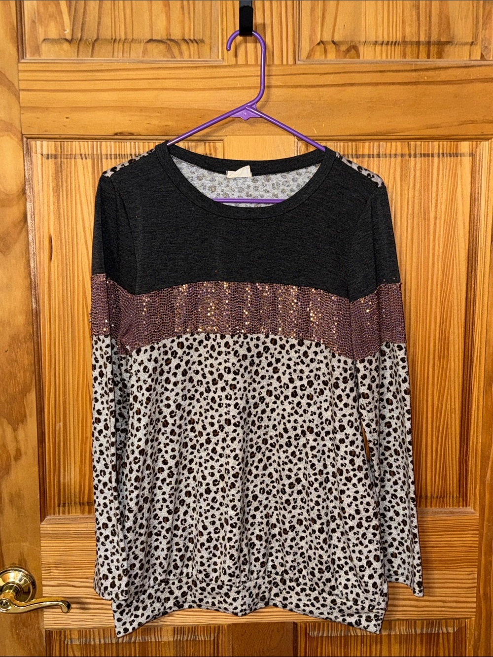 Lovely Melody Black and Mauve Sequin Leopard Long Sleeve Top